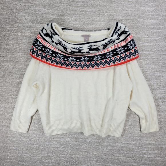 H&M Festive Reindeer Sweater Womens L White Off The Shoulder Holiday Christmas - Picture 10 of 16
